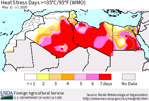North Africa Heat Stress Days >=35°C/95°F (WMO) Thematic Map For 5/11/2020 - 5/17/2020