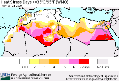 North Africa Heat Stress Days >=35°C/95°F (WMO) Thematic Map For 5/18/2020 - 5/24/2020