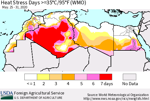 North Africa Heat Stress Days >=35°C/95°F (WMO) Thematic Map For 5/25/2020 - 5/31/2020