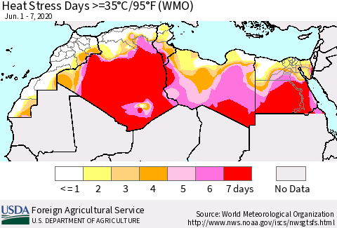 North Africa Heat Stress Days >=35°C/95°F (WMO) Thematic Map For 6/1/2020 - 6/7/2020