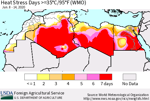 North Africa Heat Stress Days >=35°C/95°F (WMO) Thematic Map For 6/8/2020 - 6/14/2020