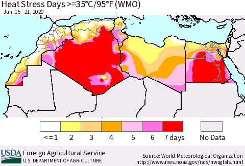North Africa Heat Stress Days >=35°C/95°F (WMO) Thematic Map For 6/15/2020 - 6/21/2020