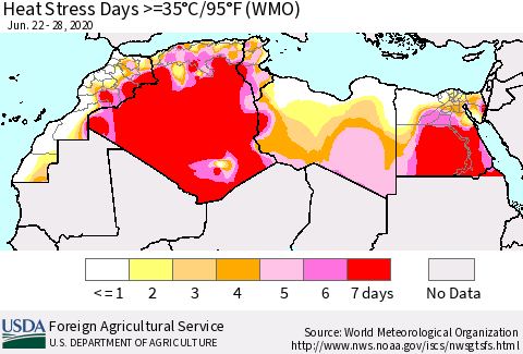 North Africa Heat Stress Days >=35°C/95°F (WMO) Thematic Map For 6/22/2020 - 6/28/2020
