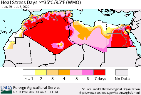 North Africa Heat Stress Days >=35°C/95°F (WMO) Thematic Map For 6/29/2020 - 7/5/2020