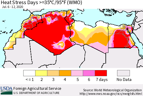 North Africa Heat Stress Days >=35°C/95°F (WMO) Thematic Map For 7/6/2020 - 7/12/2020