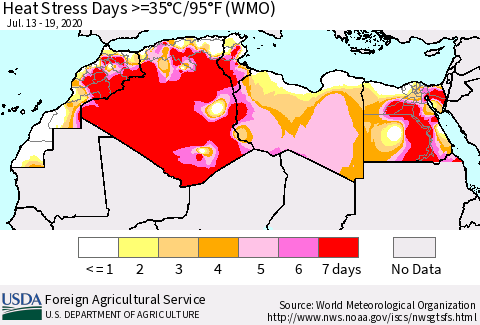 North Africa Heat Stress Days >=35°C/95°F (WMO) Thematic Map For 7/13/2020 - 7/19/2020