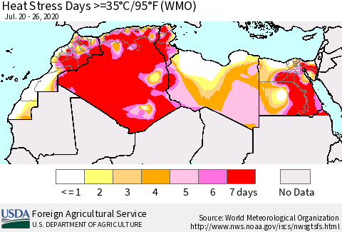 North Africa Heat Stress Days >=35°C/95°F (WMO) Thematic Map For 7/20/2020 - 7/26/2020