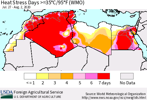 North Africa Heat Stress Days >=35°C/95°F (WMO) Thematic Map For 7/27/2020 - 8/2/2020