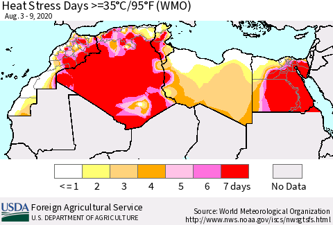 North Africa Heat Stress Days >=35°C/95°F (WMO) Thematic Map For 8/3/2020 - 8/9/2020