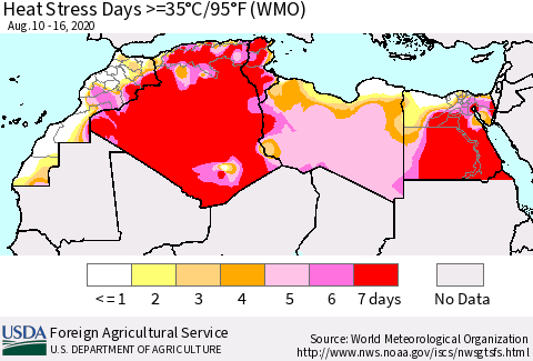 North Africa Heat Stress Days >=35°C/95°F (WMO) Thematic Map For 8/10/2020 - 8/16/2020