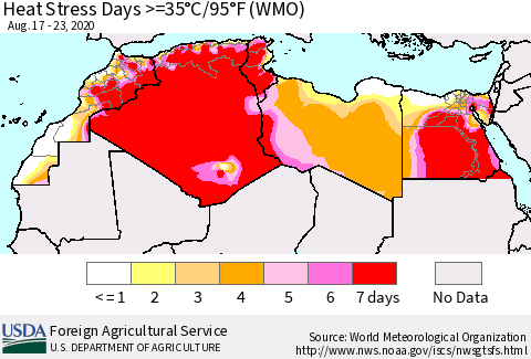 North Africa Heat Stress Days >=35°C/95°F (WMO) Thematic Map For 8/17/2020 - 8/23/2020