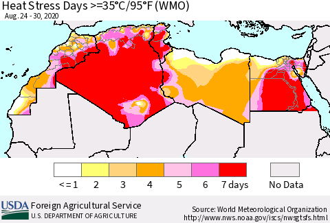 North Africa Heat Stress Days >=35°C/95°F (WMO) Thematic Map For 8/24/2020 - 8/30/2020