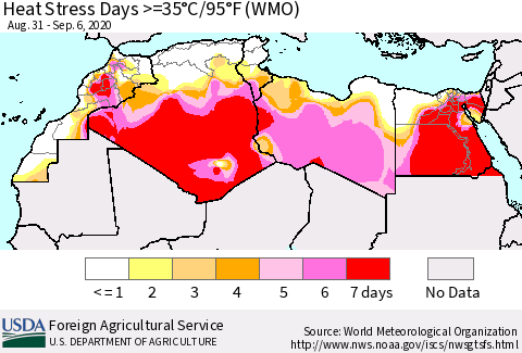 North Africa Heat Stress Days >=35°C/95°F (WMO) Thematic Map For 8/31/2020 - 9/6/2020