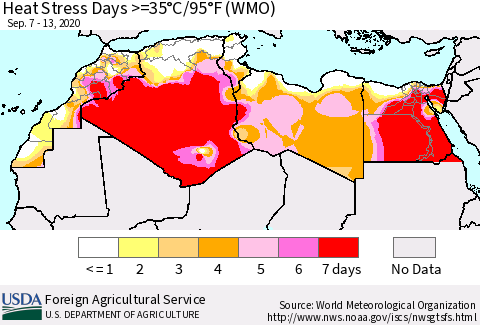 North Africa Heat Stress Days >=35°C/95°F (WMO) Thematic Map For 9/7/2020 - 9/13/2020