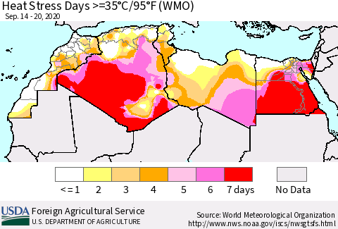 North Africa Heat Stress Days >=35°C/95°F (WMO) Thematic Map For 9/14/2020 - 9/20/2020