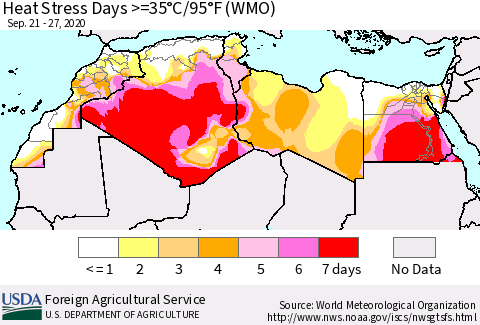 North Africa Heat Stress Days >=35°C/95°F (WMO) Thematic Map For 9/21/2020 - 9/27/2020