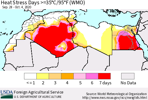 North Africa Heat Stress Days >=35°C/95°F (WMO) Thematic Map For 9/28/2020 - 10/4/2020