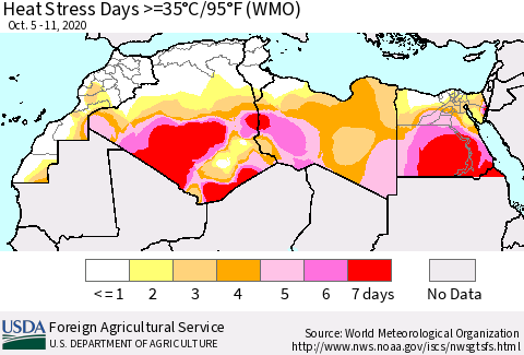 North Africa Heat Stress Days >=35°C/95°F (WMO) Thematic Map For 10/5/2020 - 10/11/2020
