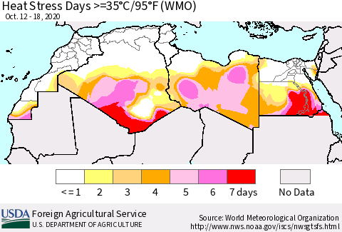 North Africa Heat Stress Days >=35°C/95°F (WMO) Thematic Map For 10/12/2020 - 10/18/2020