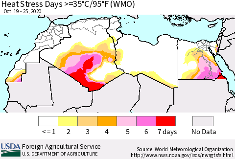 North Africa Heat Stress Days >=35°C/95°F (WMO) Thematic Map For 10/19/2020 - 10/25/2020