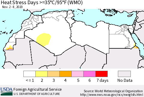 North Africa Heat Stress Days >=35°C/95°F (WMO) Thematic Map For 11/2/2020 - 11/8/2020