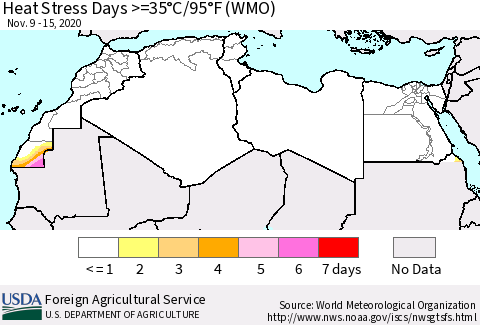 North Africa Heat Stress Days >=35°C/95°F (WMO) Thematic Map For 11/9/2020 - 11/15/2020