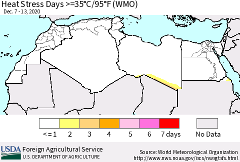 North Africa Heat Stress Days >=35°C/95°F (WMO) Thematic Map For 12/7/2020 - 12/13/2020