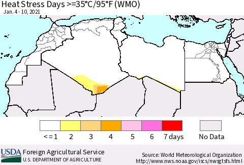 North Africa Heat Stress Days >=35°C/95°F (WMO) Thematic Map For 1/4/2021 - 1/10/2021