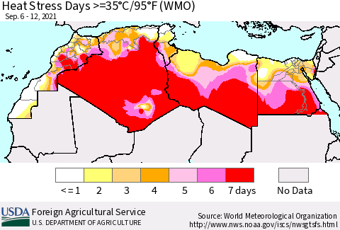 North Africa Heat Stress Days >=35°C/95°F (WMO) Thematic Map For 9/6/2021 - 9/12/2021