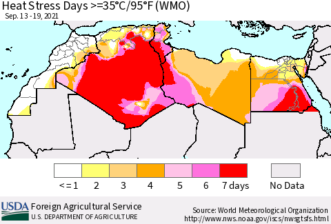 North Africa Heat Stress Days >=35°C/95°F (WMO) Thematic Map For 9/13/2021 - 9/19/2021