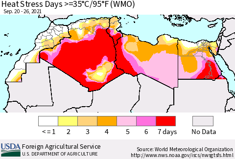 North Africa Heat Stress Days >=35°C/95°F (WMO) Thematic Map For 9/20/2021 - 9/26/2021