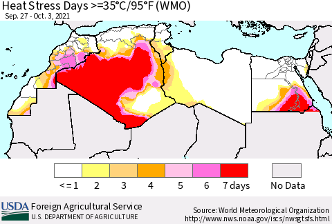 North Africa Heat Stress Days >=35°C/95°F (WMO) Thematic Map For 9/27/2021 - 10/3/2021