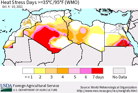 North Africa Heat Stress Days >=35°C/95°F (WMO) Thematic Map For 10/4/2021 - 10/10/2021