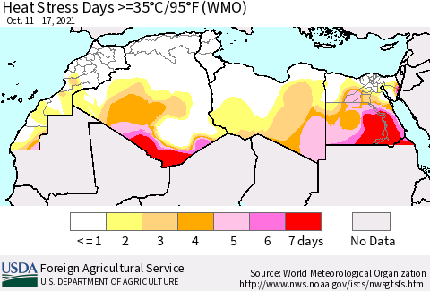 North Africa Heat Stress Days >=35°C/95°F (WMO) Thematic Map For 10/11/2021 - 10/17/2021