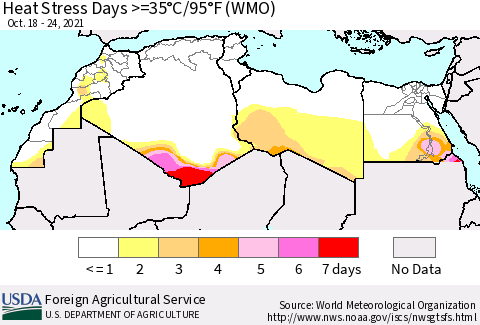 North Africa Heat Stress Days >=35°C/95°F (WMO) Thematic Map For 10/18/2021 - 10/24/2021