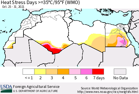 North Africa Heat Stress Days >=35°C/95°F (WMO) Thematic Map For 10/25/2021 - 10/31/2021