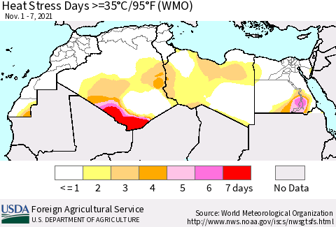 North Africa Heat Stress Days >=35°C/95°F (WMO) Thematic Map For 11/1/2021 - 11/7/2021