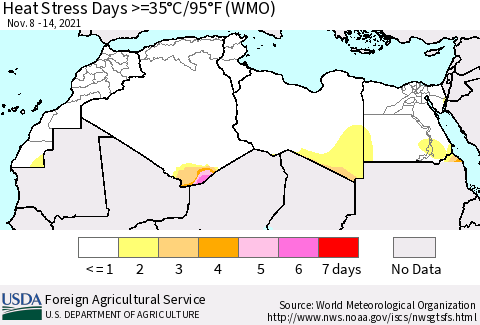 North Africa Heat Stress Days >=35°C/95°F (WMO) Thematic Map For 11/8/2021 - 11/14/2021