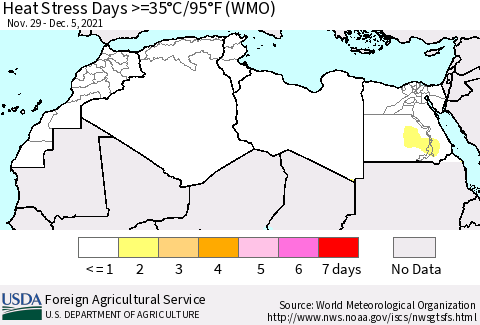 North Africa Heat Stress Days >=35°C/95°F (WMO) Thematic Map For 11/29/2021 - 12/5/2021