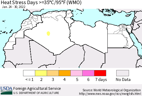 North Africa Heat Stress Days >=35°C/95°F (WMO) Thematic Map For 1/24/2022 - 1/30/2022