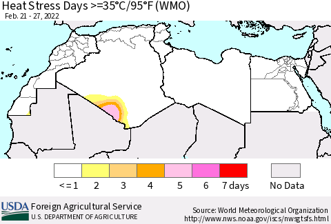 North Africa Heat Stress Days >=35°C/95°F (WMO) Thematic Map For 2/21/2022 - 2/27/2022