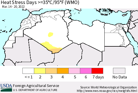 North Africa Heat Stress Days >=35°C/95°F (WMO) Thematic Map For 3/14/2022 - 3/20/2022