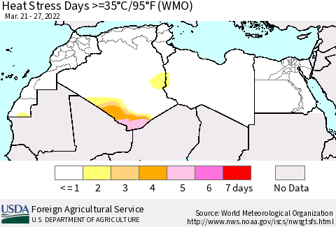 North Africa Heat Stress Days >=35°C/95°F (WMO) Thematic Map For 3/21/2022 - 3/27/2022