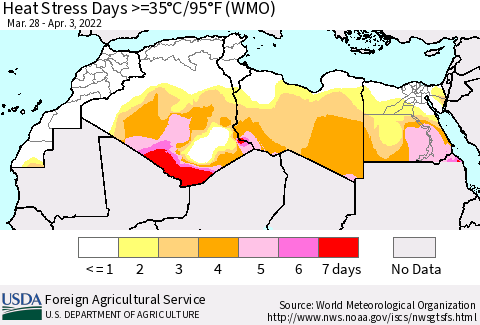 North Africa Heat Stress Days >=35°C/95°F (WMO) Thematic Map For 3/28/2022 - 4/3/2022