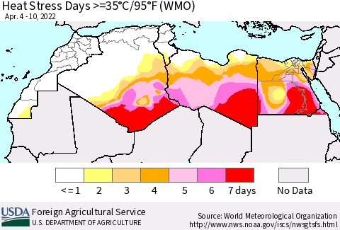 North Africa Heat Stress Days >=35°C/95°F (WMO) Thematic Map For 4/4/2022 - 4/10/2022