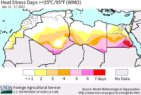 North Africa Heat Stress Days >=35°C/95°F (WMO) Thematic Map For 4/11/2022 - 4/17/2022