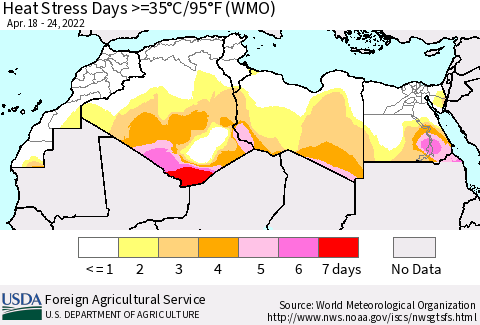 North Africa Heat Stress Days >=35°C/95°F (WMO) Thematic Map For 4/18/2022 - 4/24/2022