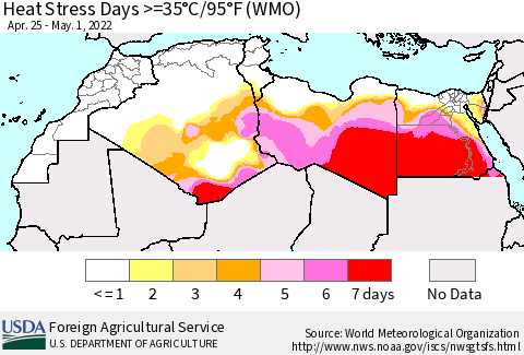 North Africa Heat Stress Days >=35°C/95°F (WMO) Thematic Map For 4/25/2022 - 5/1/2022