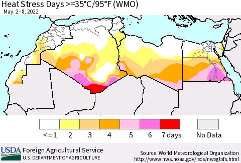 North Africa Heat Stress Days >=35°C/95°F (WMO) Thematic Map For 5/2/2022 - 5/8/2022