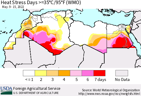 North Africa Heat Stress Days >=35°C/95°F (WMO) Thematic Map For 5/9/2022 - 5/15/2022